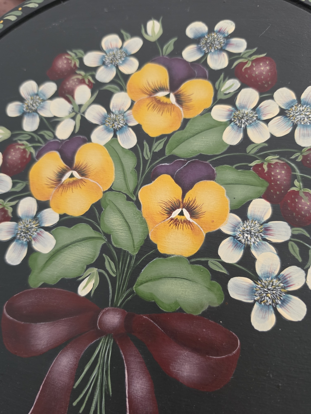 Vintage Moody Dark Green Floral Bouquet Wall Art with Yellow Pansies and Red Bow - Picture 8 of 12